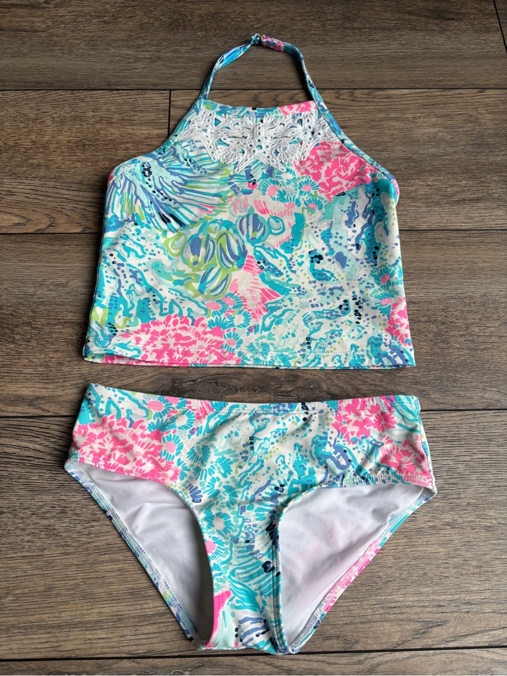 Lilly Pulitzer Girls Kinley Tankini Bikini Swimsuit Blue Pink White Sz 7